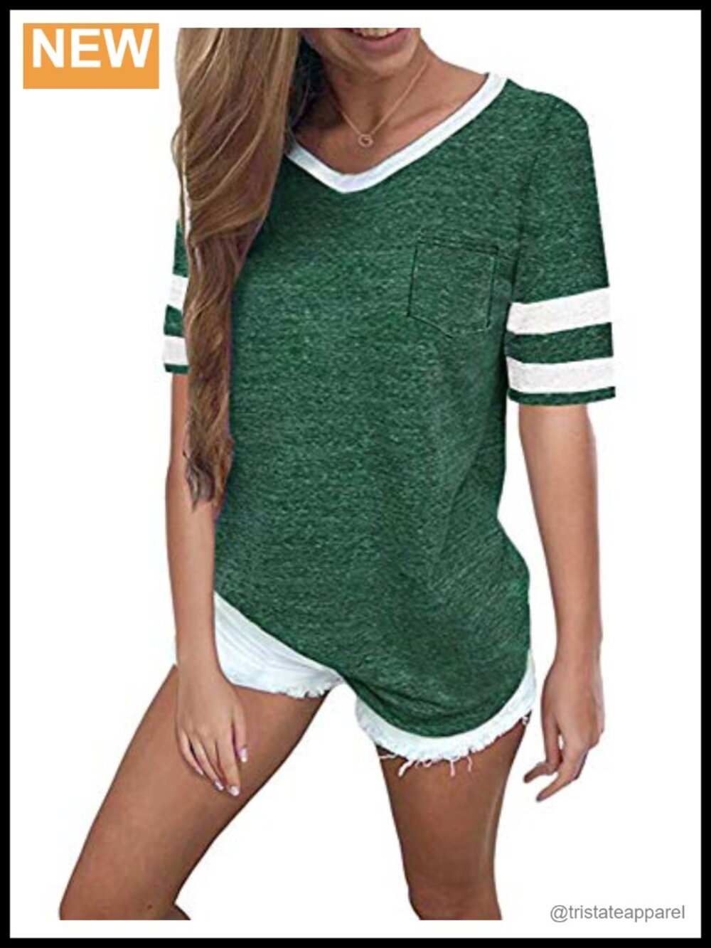 Womens Summer T-Shirt Contrast Stripe Tee V-Neck Casual Top